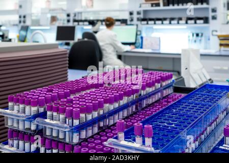Haematology laboratory. Blood samples ready for testing in the haematology lab of a hospital. Stock Photo