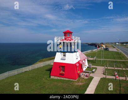 Aerial view of Grande Anse Lighthouse during summer (tourist office), Acadian Flag colors, Acadia, New-Brunswick, East Canada Stock Photo