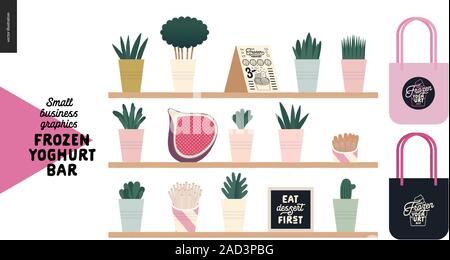 Frozen yoghurt bar - small business graphics - interior elements -modern flat vector concept illustrations - shelves with plants in pots, menu, fig, c Stock Vector