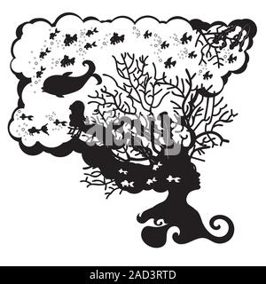 Underwater scene with coral reef, fishes and mermaid inside of an abstract human head in black and white. Stock Vector