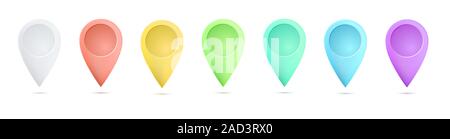 Set of bright multicolors map pointers. Map markers with circles with blank space. Vector graphics. Stock Vector