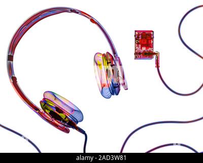 Headphones and mp3 player. Coloured X-ray of a pair of headphones connected to a digital music player. Stock Photo