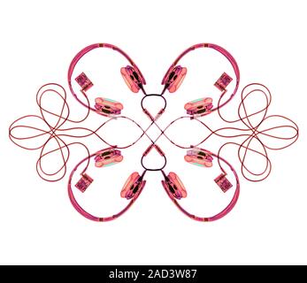 Headphones and mp3 players. Coloured X-ray of headphones connected to digital music players. Stock Photo