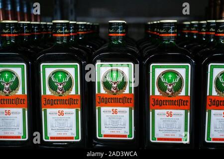 Tyumen, Russia - August 27, 2019: strong alcoholic products Jagermeister closeup of the sale of alcohol Stock Photo