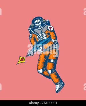 Soaring Spaceman. Skeleton with space weapons. Astronaut in the solar system. Engraved hand drawn Old sketch in vintage style. Stock Vector