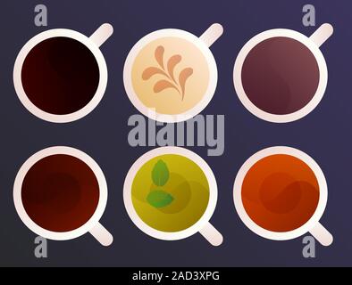Hot beverages set in white cups on dark background. Coffee and tea menu Stock Vector