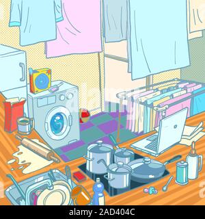Kitchen in the house, household chores. Cooking, washing clothes and working on the computer Stock Vector
