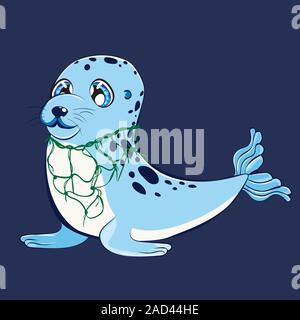 Cartoon kawaii seal with big eyes and net around its neck, ocean pollution themed design. Stock Vector