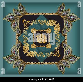 Ornamental floral pattern. Golden flowers and chains background. Bandanna, scarf, shawl, kerchief print. - vector Stock Vector