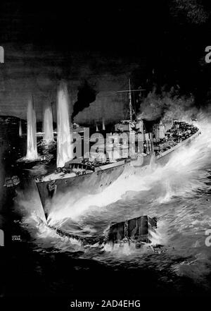 AJAXNETPHOTO. 9TH NOVEMBER, 1942. ALGIERS, ALGERIA. - ALGIERS BOOM BUST - THE DESTROYER HMS BROKE RAMMING THE HARBOUR BOOM DEFENCES DEPICTED IN A PAINTING BY THE ARTIST LESLIE CARR. BROKE'S ACTION WAS SUCCESSFUL BUT SHE WAS BADLY DAMAGED IN THE EXCERCISE AND AFTER BEING TOWED OFF, SUNK THE FOLLOWING DAY. PHOTO:VT COLLECTION/AJAXNETPHOTO REF:VT9841 Stock Photo