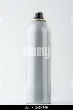 Nice grey can of hair spray isolated on white Stock Photo