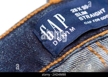 BERLIN - NOV 29: GAP Label on Denim Jeans at GAP Store in Berlin on November 29. 2019 in Germany Stock Photo