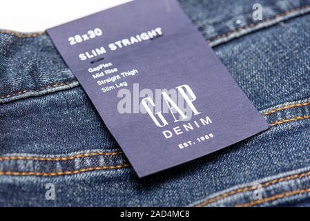 BERLIN - NOV 29: GAP Label on Denim Jeans at GAP Store in Berlin on November 29. 2019 in Germany Stock Photo