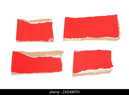 Pieces of red torn Paper, ripped Paper as Background isolated on white Stock Photo