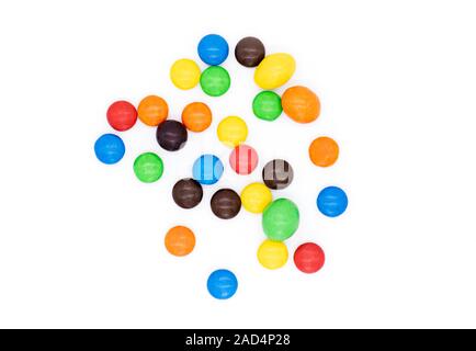 Colorful Candies isolated on white Background, chocolate coated Candies Stock Photo