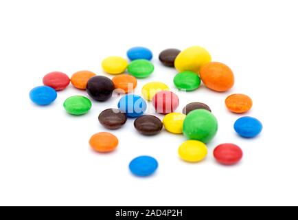 Colorful Candies isolated on white Background, chocolate coated Candies Stock Photo