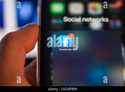 NY- NOV 25: Facebook App or Application on Screen of Mobile Phone on November 25. 2019 in USA Stock Photo