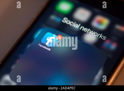 NY- NOV 25: Facebook App or Application on Screen of Mobile Phone on November 25. 2019 in USA Stock Photo