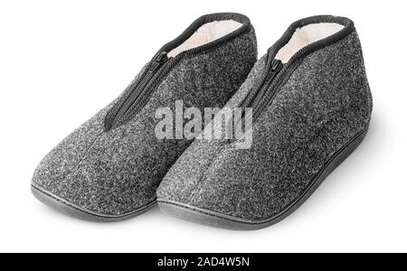 One pair comfortable dark gray slippers with fur Stock Photo
