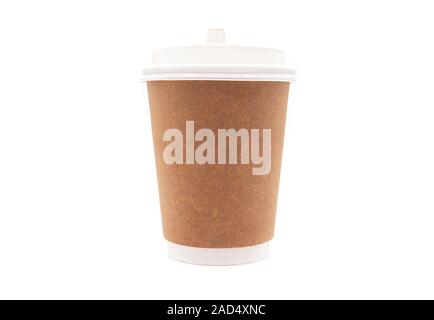 Cup, paper brown Cup with plastic Lid isolated on white Background Stock Photo