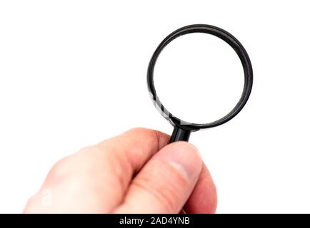 Hand with Magnifying Glass on white Background, Magnifying Glass in Man Hand Stock Photo