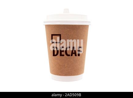 DECAF, Coffee Decaf, paper Cup with hot Beverage and Inscription Decaf isolated on white Background Stock Photo