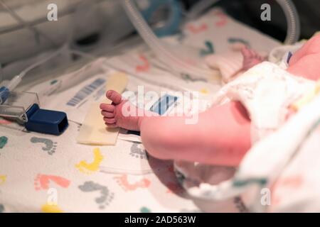 Newborn Baby Foot in Hospital Bed Stock Photo