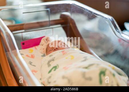 Newborn Baby in Hospital Sleeping In Bassinet Stock Photo