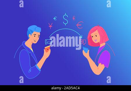 Send money gradient vector neon illustration for web and mobile design. Couple sending money from credit card on smart phone to friend on mobile walle Stock Vector