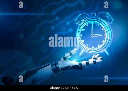 Robotic hand and neon alarm clock on blue background. Concept art. Future and technology. Time and space. Stock Photo