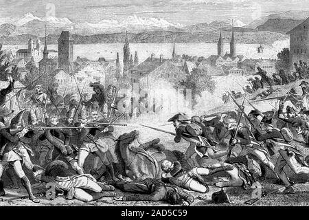 Battle of Zurich, 4h-7th of JUly 1799. Antique illustration. 1890. Stock Photo