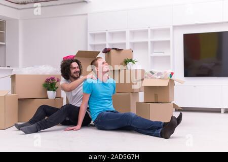 young  gay couple moving  in new house Stock Photo