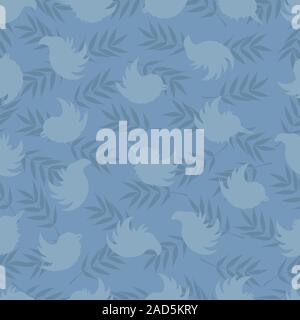 Seamless pattern of silhouettes of birds and rowan leaves in soft blue tones Stock Vector