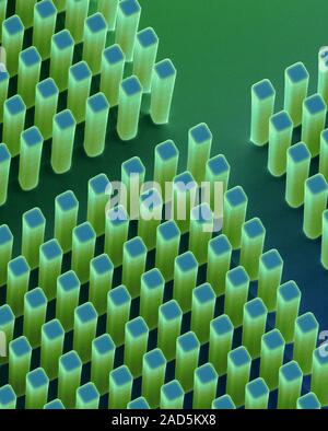 Coloured scanning electron micrograph (SEM) of DNA purification microchip. Highly purified DNA is required for use in biosensors or biochips. Silicon Stock Photo