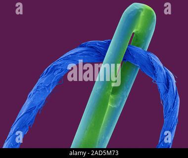 Coloured scanning electron micrograph (SEM) of Polyester thread in the eye of a sewing needle. A sewing needle is used in sewing to pull thread throug Stock Photo