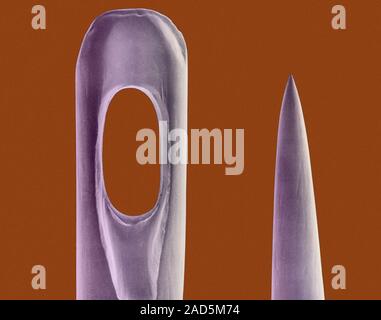 Coloured scanning electron micrograph (SEM) of Eye and tip of a sewing needle. A sewing needle is used in sewing to pull thread through fabric. It has Stock Photo