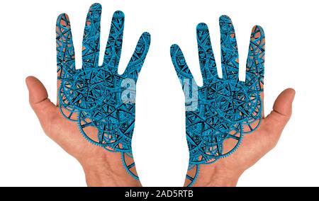 Cyborg hands, conceptual image. The merging of human and machines is known as cybernetics or bionics. Stock Photo