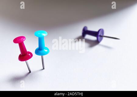 Close-up of two standing blue and red colored push pins and one overturned purple pin on a white background with dramatic shadow and copy space Stock Photo