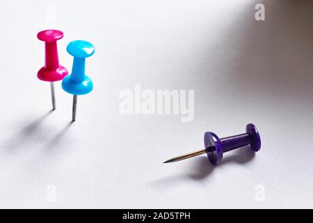 Close-up of two standing blue and red colored push pins and one overturned purple pin on a white background with dramatic shadow Stock Photo