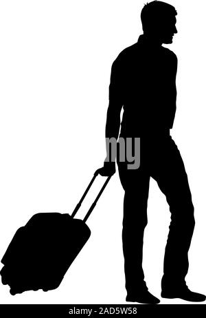 Black silhouettes travelers with suitcases on white background. Vector illustration. Stock Vector