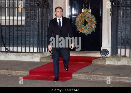 London, UK. 3rd Dec, 2019. French President Emmanuel Macron leaves 10 Downing Street after a meeting with British Prime Minister Boris Johnson, German Chancellor Angela Merkel and Turkish President Recep Tayyip Erdogan in London, UK, on Dec. 3, 2019. Credit: Ray Tang/Xinhua/Alamy Live News Stock Photo