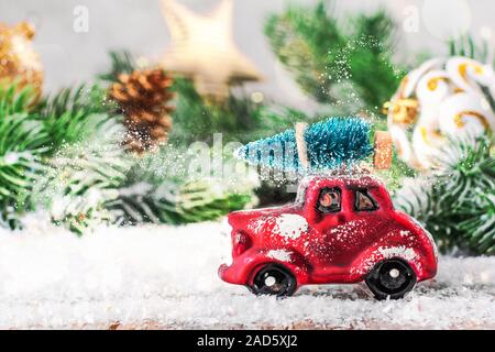 Christmas fir tree on a toy car Stock Photo