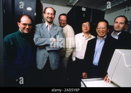 Deep Blue IBM development team. From left to right: Arthur Joseph Hoane, chess grandmaster Joel Benjamin, Jerry Brody, Feng-hsiung Hsu, Chung-Jen Tan, Stock Photo