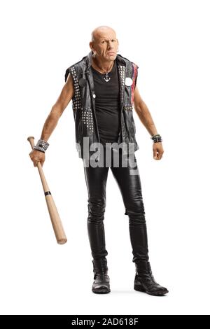 Full length portrait of an angry bald man in leather clothes holding a bat isolated on white background Stock Photo