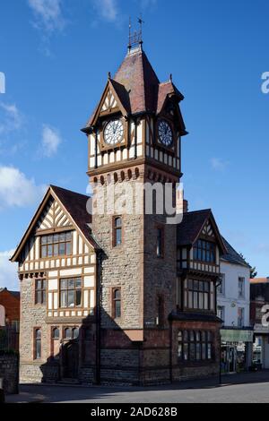 Barrett Browning Institute with Memorial Clock Tower, built 1896 in a Tudor style  Ledbury, Herefordshire Stock Photo