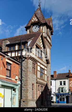 Barrett Browning Institute with Memorial Clock Tower, built 1896 in a Tudor style  Ledbury, Herefordshire Stock Photo