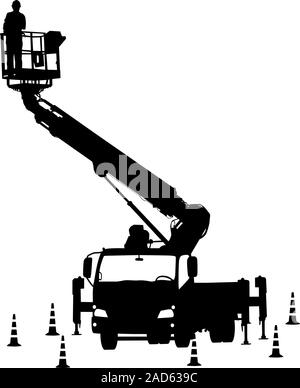 Electrician, making repairs at a power pole. Vector illustration. Stock Vector