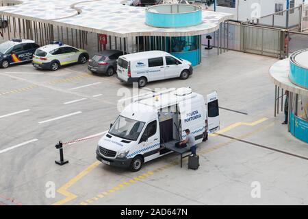 Cartagena, Spain 2019-07-31, Port security setting up portable x ray machine in the port of Cartagena awaiting tourists from cruise liner, Cartagena S Stock Photo