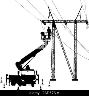 Electrician, making repairs at a power pole. Vector illustration. Stock Vector