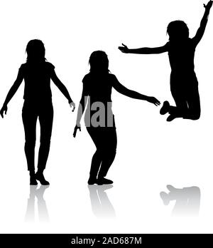 Silhouette of three young girls jumping with hands up, motion. Vector illustration. Stock Vector